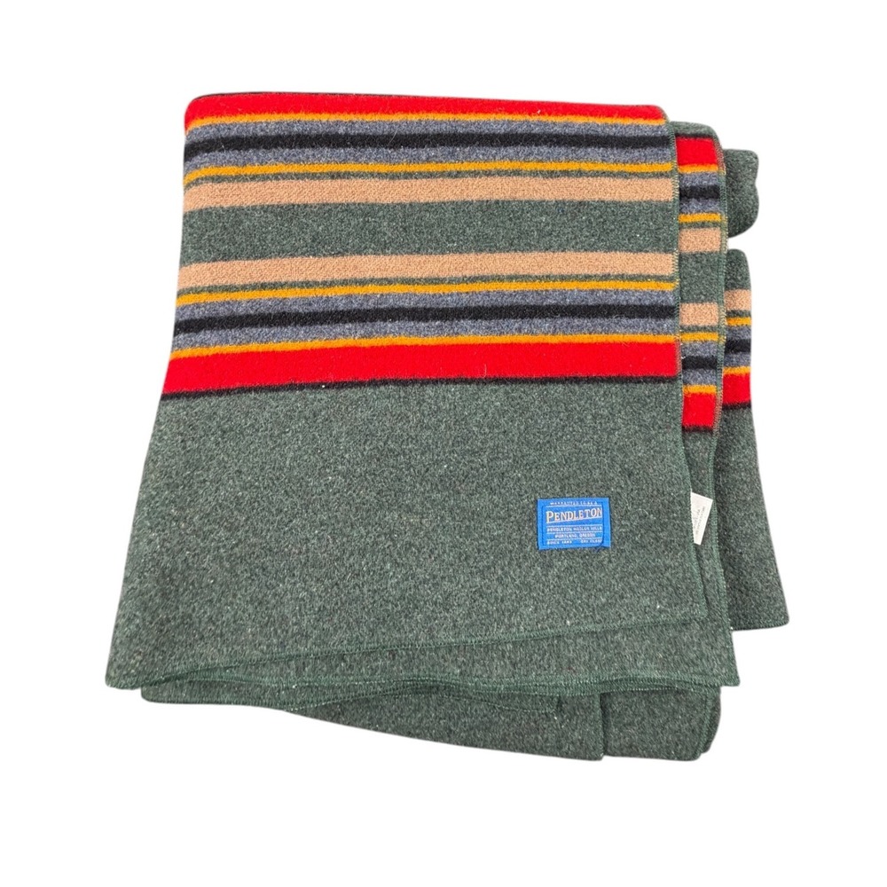 Pendleton Yakima Camp Wool Blanket Heather Green Yellow Red Black Striped 82x63